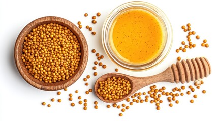 Mustard seeds, honey, and a wooden dipper. This image is perfect for a food blog post or recipe for mustard sauce.