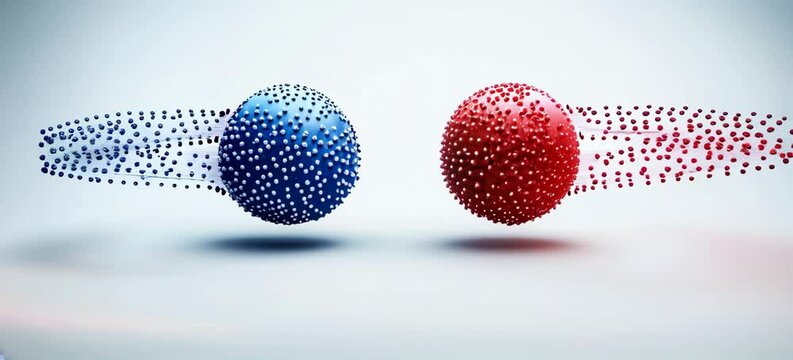 Blue and red magnet ball. Magnetic field physics science experiment. Gravity energy force. Generative video AI technology.	