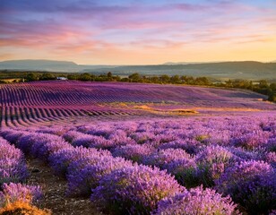 Fototapeta premium Endless Lavender Fields in Full Bloom, Stretching Across the Countryside With Rolling Hills in the Distance and a Soft Breeze Carrying the Fragrance Through the Air