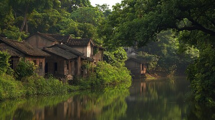 Serene Rural China Landscape with Traditional Wooden Houses Along Riverbank Surrounded by Lush Greenery - Ultra-Detailed Scenery of Peaceful Village Life