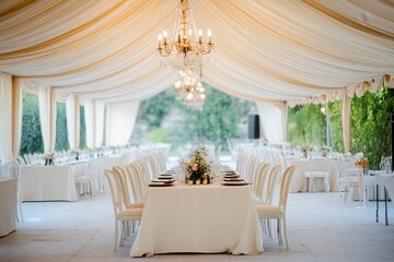 Elegant wedding reception venue decorated with white tablecloths and chairs. This image is perfect for wedding websites, blogs, or articles about wedding planning.