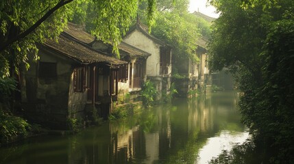 Obraz premium Serene Rural China Landscape with Traditional Wooden Houses by Riverbank Surrounded by Lush Greenery - Ultra-Detailed Photograph