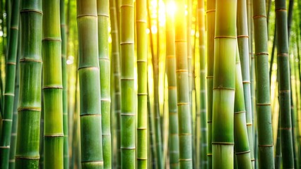 Fototapeta premium A Grove of Verdant Bamboo Stalks Bathed in Golden Sunlight, a Tranquil Natural Tapestry Woven by Nature