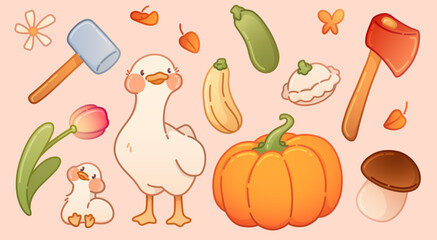 Autumn farm harvest and ducks set isolated on orange background. Contemporary vector cartoon illustration of cute domestic birds, pumpkin, mushroom, yellow leaves, tools, Thanksgiving card pattern