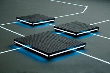 Three platforms with neon blue strips on gray, futuristic industrial aesthetic
