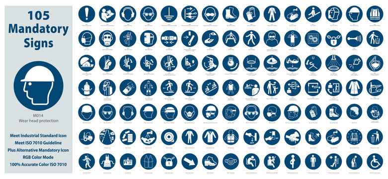 Set Illustration of Mandatory Safety Signs meet ISO 7010 Standards. Contain standards plus alternative icons, RGB color mode. Estimated size 140 x 64 cm. Vector version available in my gallery