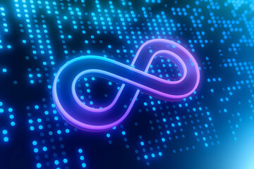 Neon infinity symbol glows on digital matrix, vibrant futuristic energy