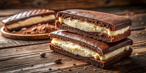 A stack of decadent chocolate and vanilla filled pastries on a rustic wooden surface