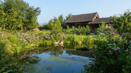 Obraz premium Peaceful Countryside Retreat: Charming Thatched Roof Farmhouse Surrounded by Blooming Gardens and Reflective Pond in Rural China