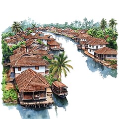 Obraz premium Watercolor painting of a village with houses lining a canal.