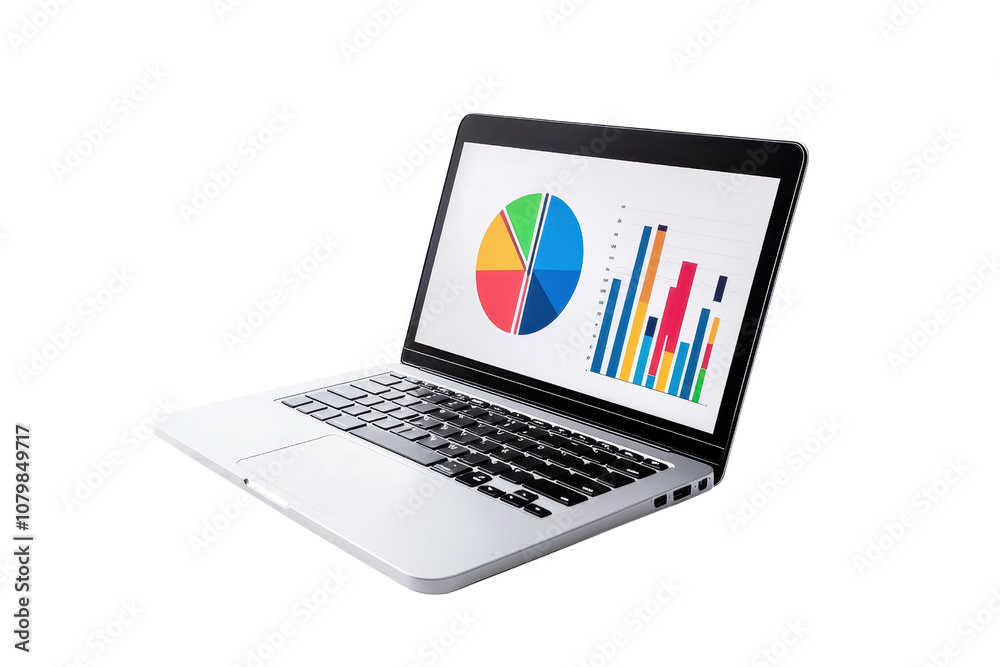 Fototapete A sleek laptop displaying a colorful pie chart and bar graphs, showcasing data analysis.