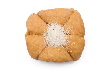One homemade biscuits with sugar on a white background. Fresh cookies close-up.