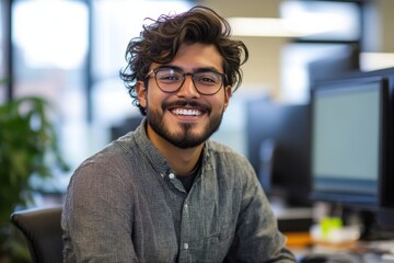 Fototapeta premium Smiling man wearing glasses in office. This photo is perfect for showcasing a company's culture, promoting workplace diversity, or highlighting a positive work environment.