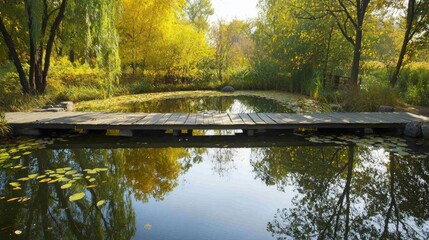 Serene Autumn Reflections in Rural China - Peaceful Pond with Wooden Bridges in Traditional Countryside Setting