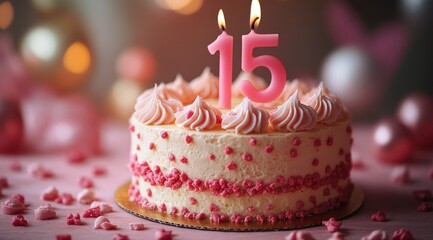 A pink birthday cake with lit candles, decorated with pink sprinkles and frosting,  celebrating a 15th birthday.