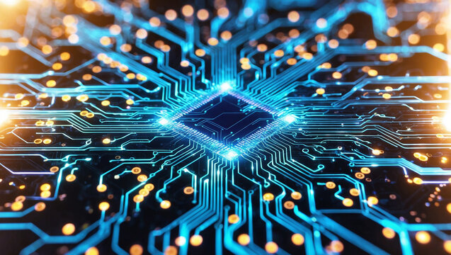 A computer chip is shown in a blue and yellow color scheme