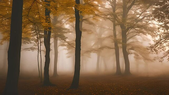 Autumn Forest Foggy Trees Silhouettes and Golden Leaves