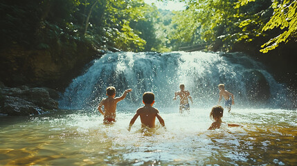 Children playing near a gentle waterfall, splashing in the clear water as parents watch from a safe distance on a family-friendly hike 