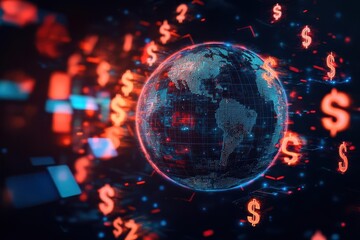 Obraz premium Floating currency symbols around digital globe, representing economic exchange, abstract neon lighting, dark background