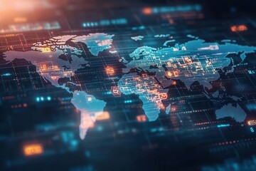 Obraz premium Stylized world map with digital trade routes, dynamic currency symbols, soft glowing lines, abstract representation of global economy