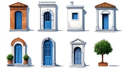 Obraz premium Blue Doors Mediterranean Architecture House Facades Illustration Design Elements