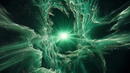 Mysterious triangular portal glows with intense emerald light in dark misty environment. Silhouetted figure stands before luminous gateway. Ethereal particles and energy tendrils dance through air. - Powered by Adobe