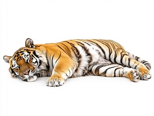 Obraz premium Overweight Tiger Resting Comfortably on White Background with Striped Fur and Exposed Belly
