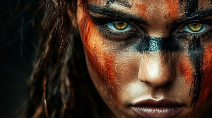 Fierce Tribal Warrior Woman with Determined Gaze and War Paint Streaks