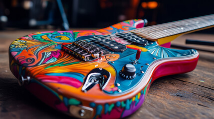 Close-up of an electric guitar with vibrant colors and intricate details resting on a stage floor