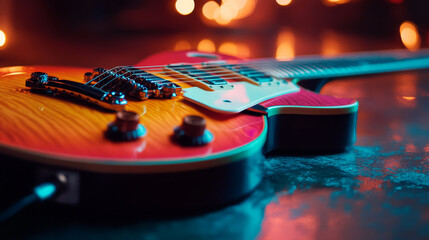 Close-up of an electric guitar with vibrant colors and intricate details resting on a stage floor