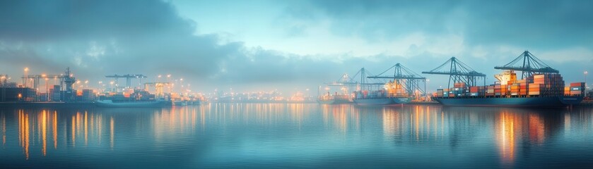 Naklejka premium Port with cargo ships and containers, symbolizing global trade, realistic lighting, sharp detail, calm water reflections