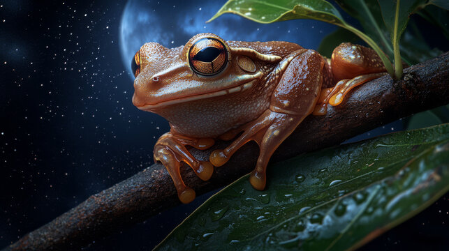An amphibian, like a tree frog, active at night, clinging to a branch under the moonlight, with glowing eyes and dew-covered leaves, set against a dark, starry sky, highlighting its nocturnal behavior