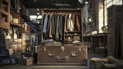 An open vintage suitcase filled with clothing and accessories stands in a rustic workshop setting.