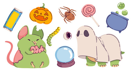 Fototapeta premium Cute kids Halloween set with green zombie mouse eating brains and ghost sheet covered dinosaur costume, carved pumpkin and crystal ball, pink lollipop, spooky spider and cauldron with bubbles.