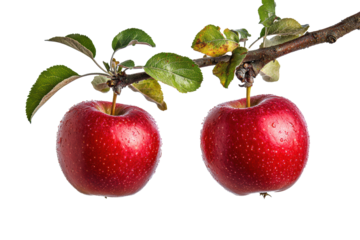 Two fresh ripe red apples hanging on the branch