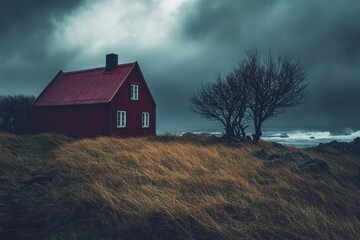 A red cottage on a hill overlooking a stormy sea.