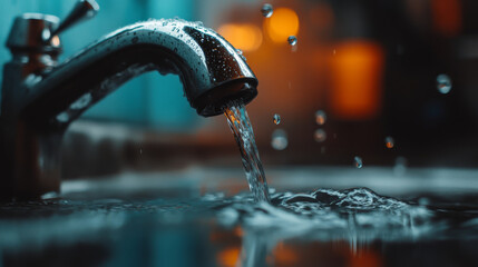 An artistic shot of a faucet with water splashing and droplets suspended in mid-air, showcasing the beauty of motion