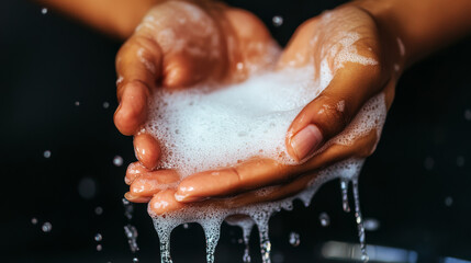 Fototapeta premium Close-up of women's hands lathering soap under running water, highlighting cleanliness and hygiene