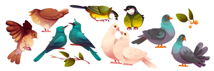 Colorful set of cartoon birds - brown sparrows, blue parakeets, white doves, yellow titmouse and grey pigeons. Feathered characters couples in different poses and leafy branches with berries. © klyaksun