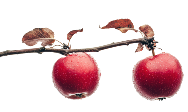Two fresh ripe red apples hanging on the branch