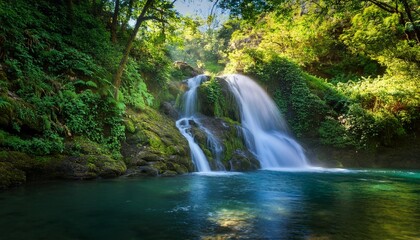Obraz premium Crystal Clear Waterfall Cascading Down a Rocky Cliffside, Surrounded by Lush Green Trees and Vibrant Flora, Bathed in the Soft Light of Early Morning Sunshine