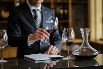 Sommelier wearing a suit and tasting wine at a counter