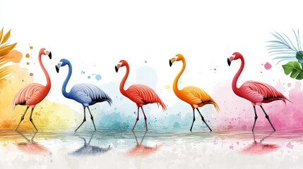 Obraz premium Colorful Flamingos in Watercolor Style Tropical Birds Summer Beach Exotic Wildlife Nature Art