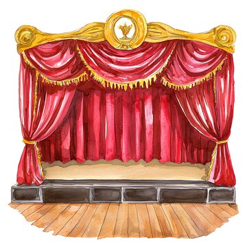 red stage curtains watercolor painting clip art preview