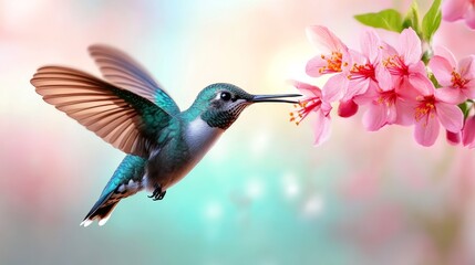 Fototapeta premium Hummingbird Feeding on Pink Flowers Spring Nature Wildlife