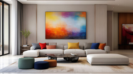 An inviting luxury living room mockup with plush seating, contemporary art pieces, and vibrant accents in a bright interior
