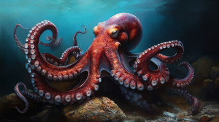 Obraz premium n octopus exploring the ocean floor, its tentacles reaching out to touch a rock, with its textured skin changing color to blend in with its surroundings, 