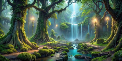 Obraz premium Enchanted Waterfall Cascading Through a Mystical Forest With Glowing Lanterns and Lush Greenery