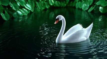 Fototapeta premium Serene White Swan on Dark Green Water Tranquil Nature Scene