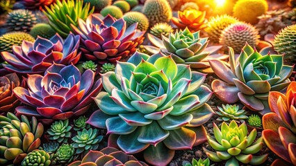 Fototapeta premium A vibrant arrangement of succulents, showcasing a spectrum of colors and textures, creating a captivating visual symphony of nature's artistry.